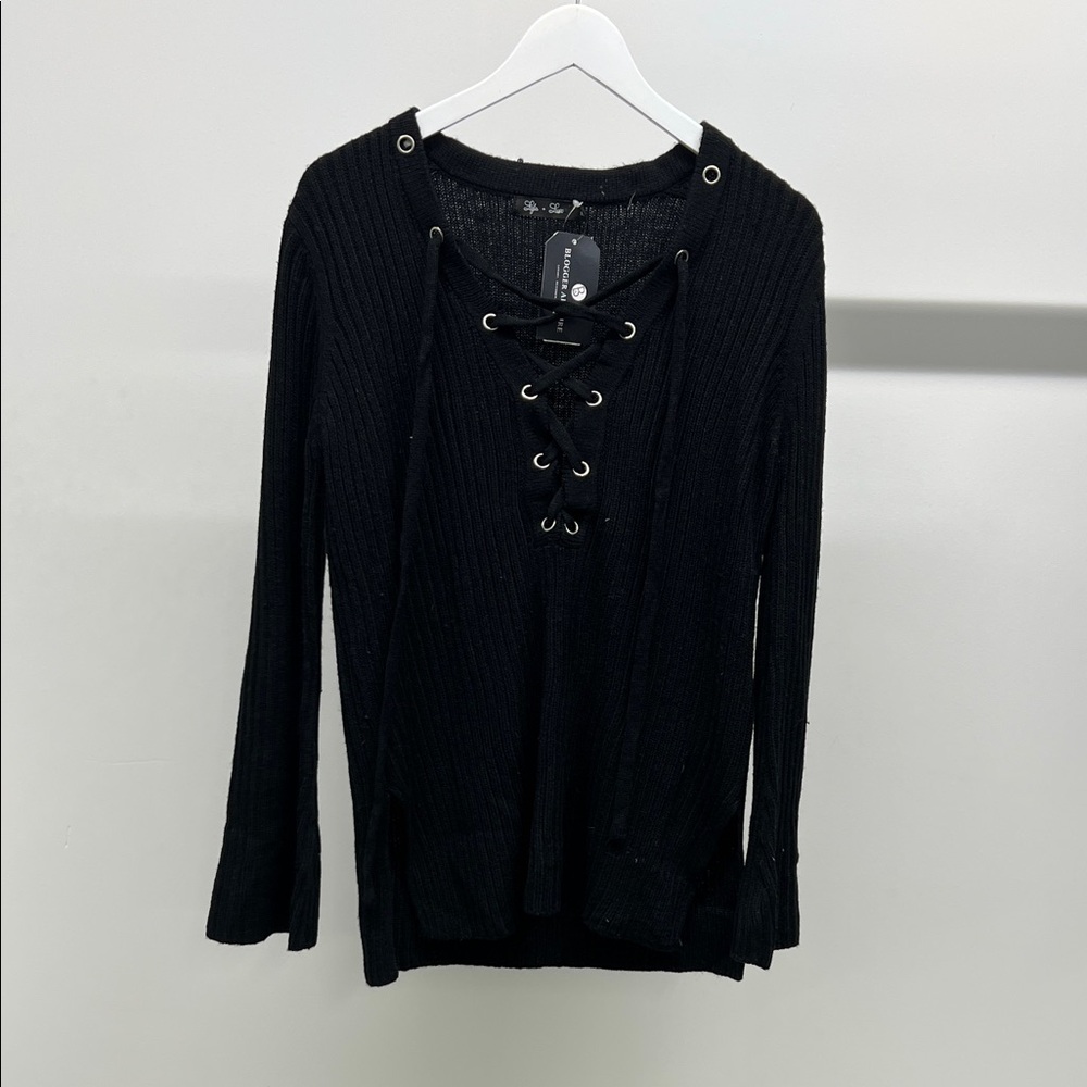 Elegant Black Lace-Up V-Neck Sweater